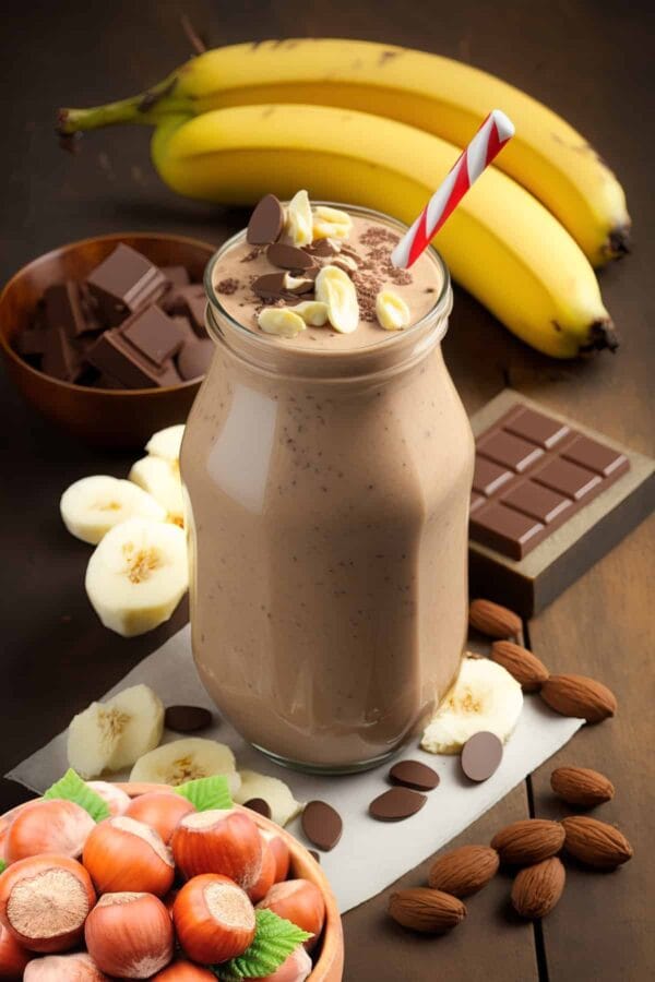 Cholesterol-Lowering Chocolate Hazelnut smoothie in a glass, on my kitchen counter, surrounded by fresh fruit and vegetables.