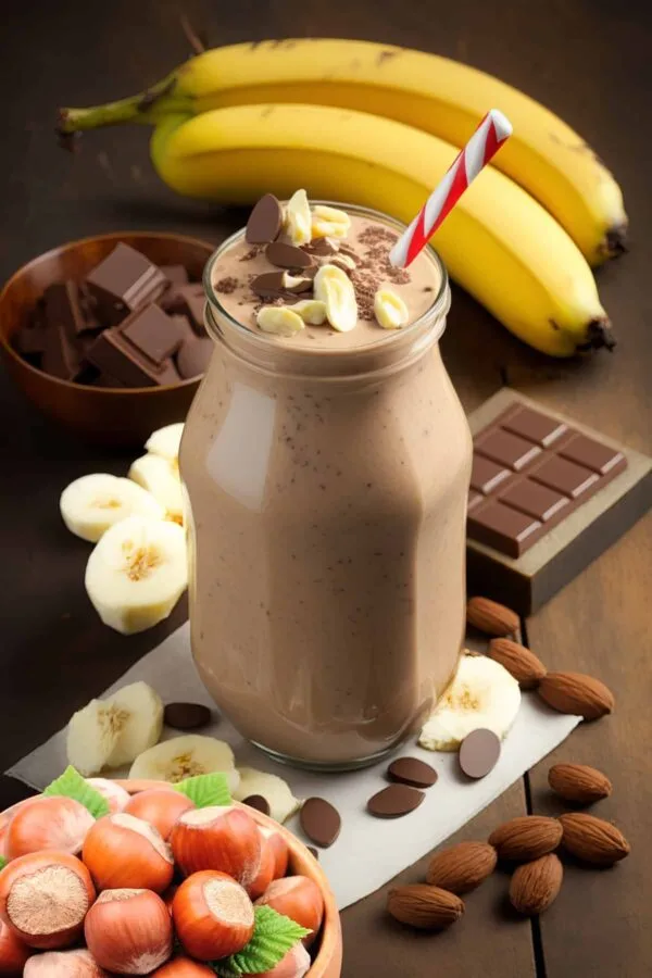 Cholesterol-Lowering Chocolate Hazelnut smoothie in a glass, on my kitchen counter, surrounded by fresh fruit and vegetables.
