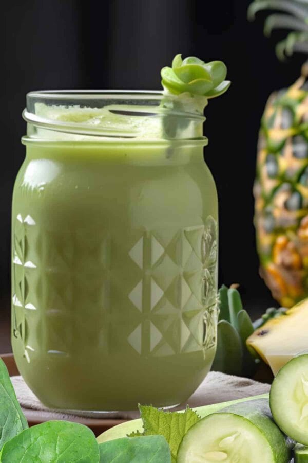 Cholesterol-Lowering Pineapple Spinach smoothie in a glass, on my kitchen counter, surrounded by fresh fruit and vegetables.