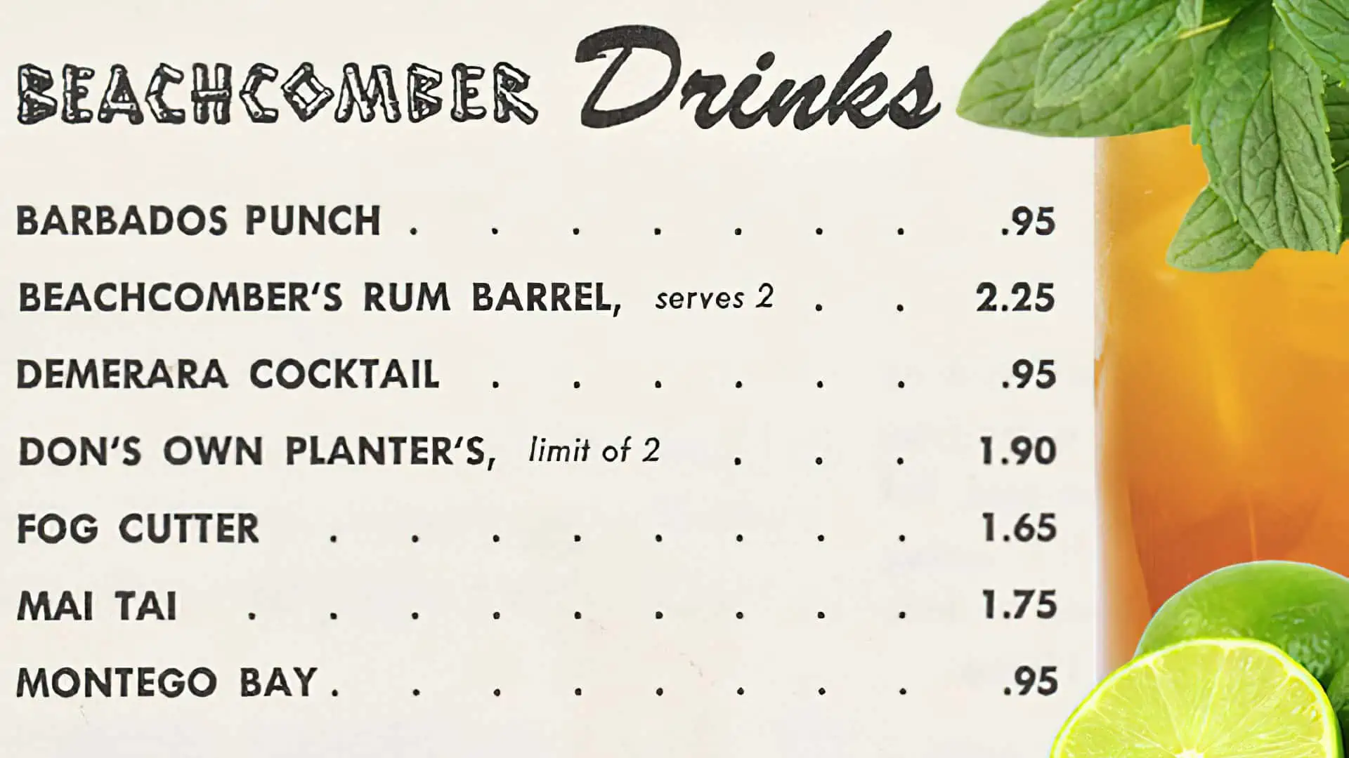 Don The Beachcomber Original Drinks Menu