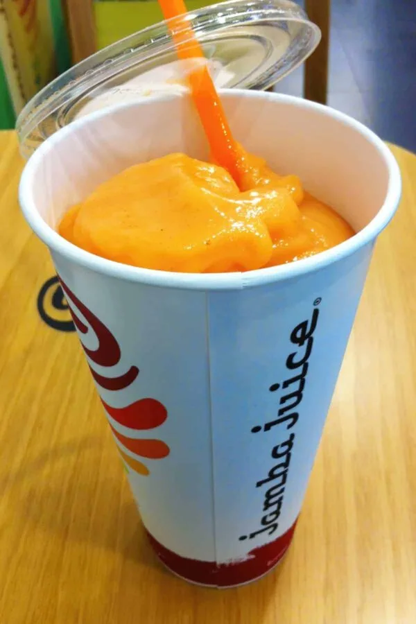 Jamba Juice Secret Menu Andres Surprise smoothie in a glass, on my kitchen counter.