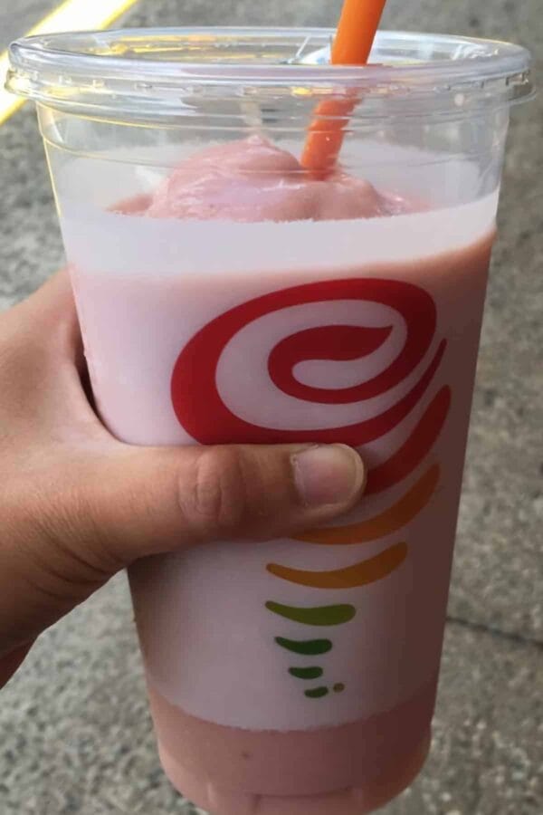 Jamba Juice Secret Menu Fruity Pebbles smoothie in a glass, at the store.