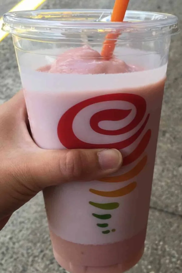 Jamba Juice Secret Menu Fruity Pebbles smoothie in a glass, at the store.