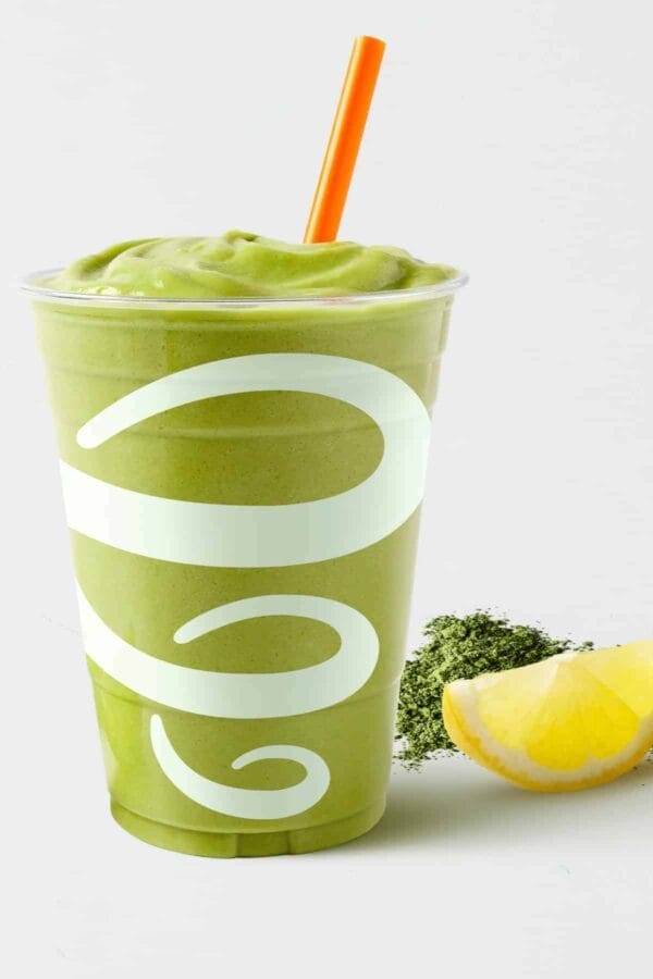 Jamba Juice Secret Menu Lemon Dream Machine smoothie in a glass, at the store.