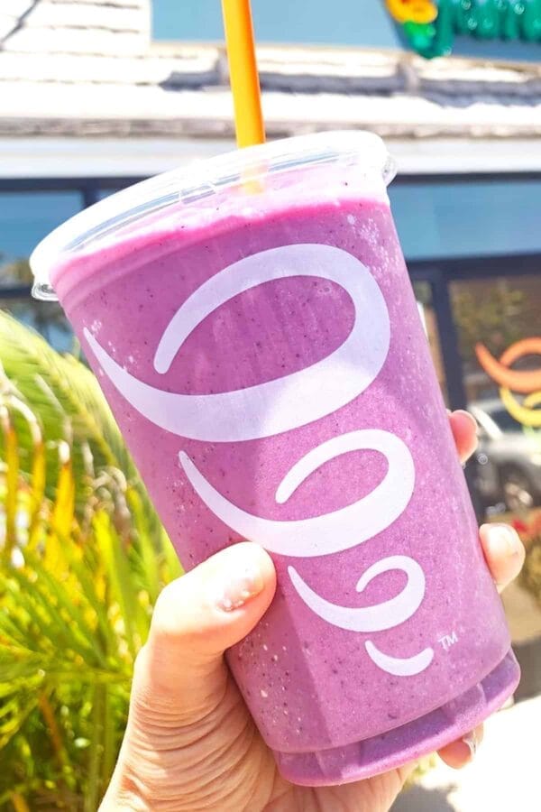 Jamba Juice Secret Menu Orchid Oasis smoothie in a glass, at the store.