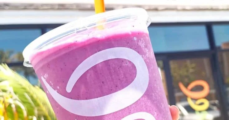 Jamba Juice Secret Menu Orchid Oasis Smoothie 7 Jamba Juice Secret Menu Orchid Oasis smoothie in a glass, at the store.