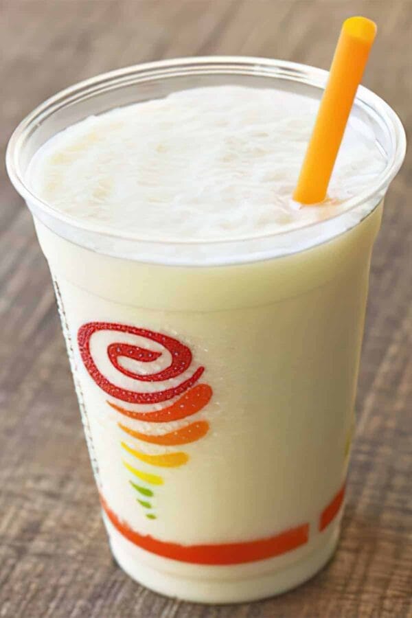 Jamba Juice Secret Menu Pina Colada smoothie in a glass, at the store.