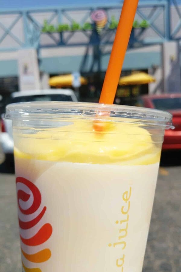 Jamba Juice Secret Menu Pineapple Dreamin' smoothie in a glass, at the store.