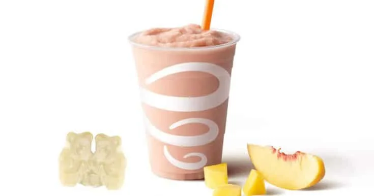Jamba Juice Secret Menu White Gummi Bear Smoothie 9 Jamba Juice Secret Menu White Gummi Bear smoothie in a glass, on my kitchen counter, surrounded by fresh fruit and white Gummi Bears.