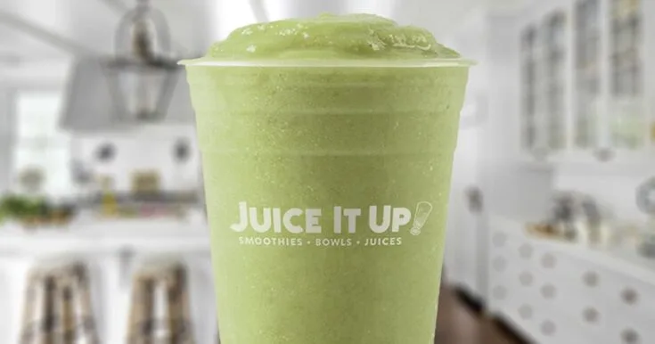 Juice It Up California Cooler smoothie in a glass, on my kitchen counter.