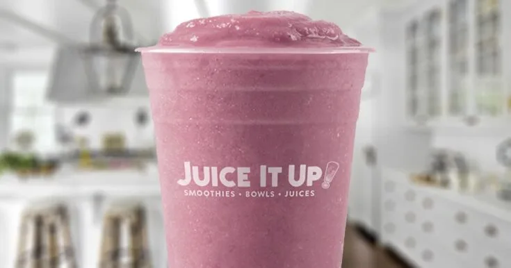 Juice It Up Protein Blast Smoothie 11 Juice It Up Protein Blast smoothie in a glass, on my kitchen counter.