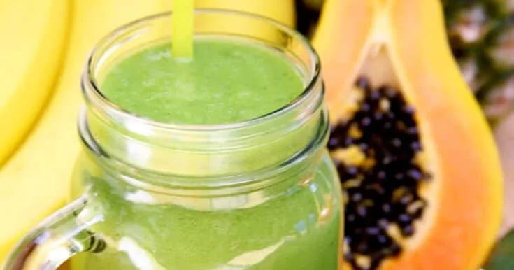 Vitamix Papaya Vanilla smoothie in a glass, on my kitchen counter, surrounded by fresh fruit and vegetables.