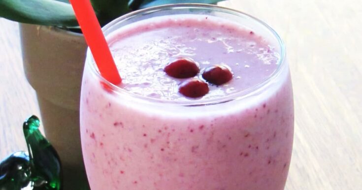 Vitamix Passionately Pink smoothie in a glass, on my kitchen counter, surrounded by fresh fruit and vegetables.