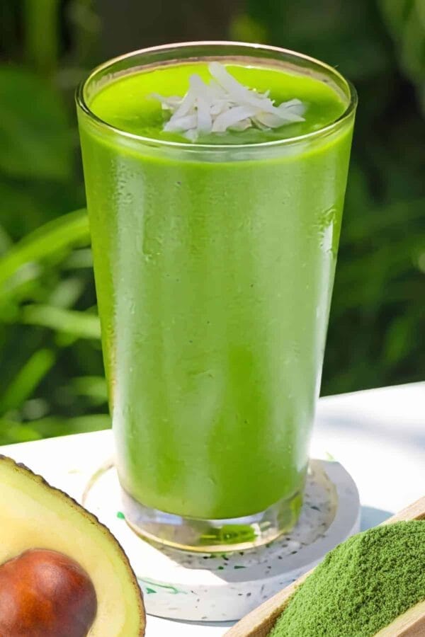 Matcha Avocado smoothie in a glass, on my kitchen counter, surrounded by fresh fruit and green tea matcha powder.
