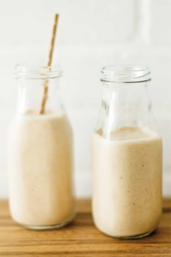 Ninja Blender Almond Honey Flaxseed smoothies in glasses, on my kitchen counter.