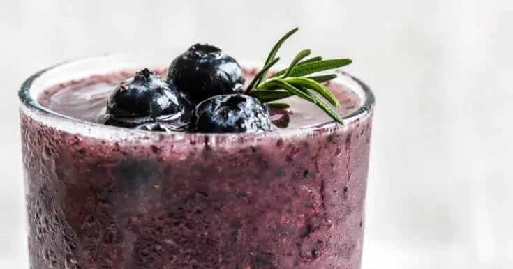 Ninja Blender Blueberry Power Blast Breakfast Smoothie 5 Ninja Blender Blueberry Power Blast Breakfast smoothie in a glass, on my kitchen counter, surrounded by fresh berries.