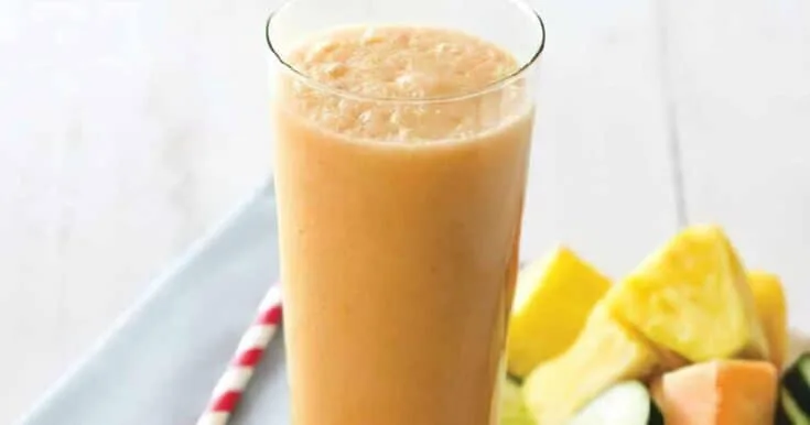 Ninja Blender Cool Cantaloupe Cucumber Smoothie 5 Ninja Blender Cool Cantaloupe Cucumber smoothie in a glass, on my kitchen counter, surrounded by fresh fruit.