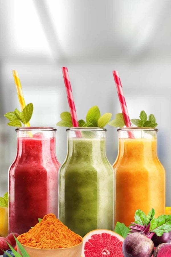 Detox smoothies in glasses, on my kitchen counter, surrounded by fresh fruit and vegetables.
