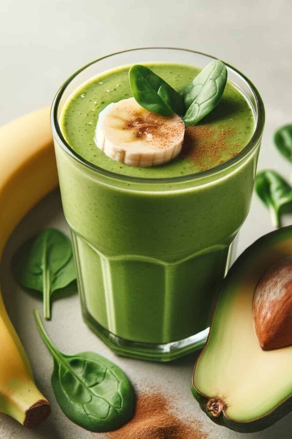 Snickerdoodle Green smoothie in a glass, on my kitchen counter, surrounded by fresh fruit and vegetables.