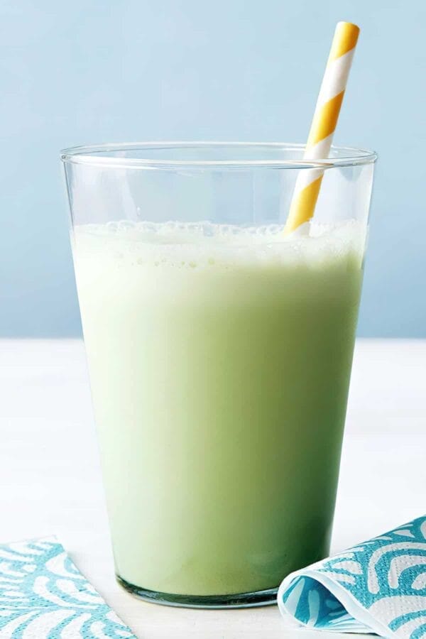 NutriBullet Coconut Matcha smoothie in a glass, on my kitchen counter.