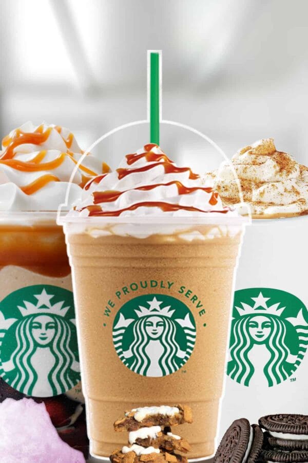 Starbucks Secret Menu coffee drinks in cups, on my kitchen counter, surrounded by toppings.