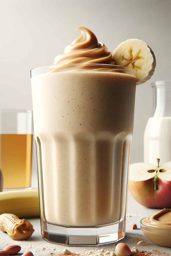 Apple Peanut Butter Protein Shake in a glass, on my kitchen counter, surrounded by fresh fruit and peanuts.