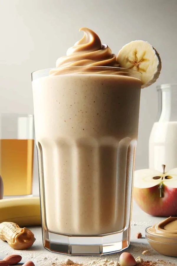 Apple Peanut Butter Protein Shake in a glass, on my kitchen counter, surrounded by fresh fruit and peanuts.