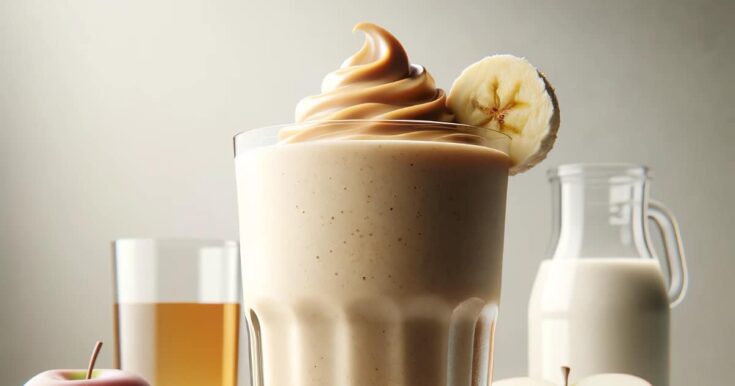 Apple Peanut Butter Protein Shake in a glass, on my kitchen counter, surrounded by fresh fruit and peanuts.