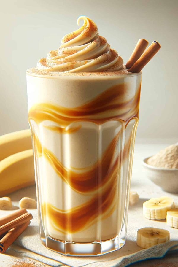 BlendJet Bananas Foster Protein Shake in a glass, on my kitchen counter, surrounded by fresh fruit and protein powder.