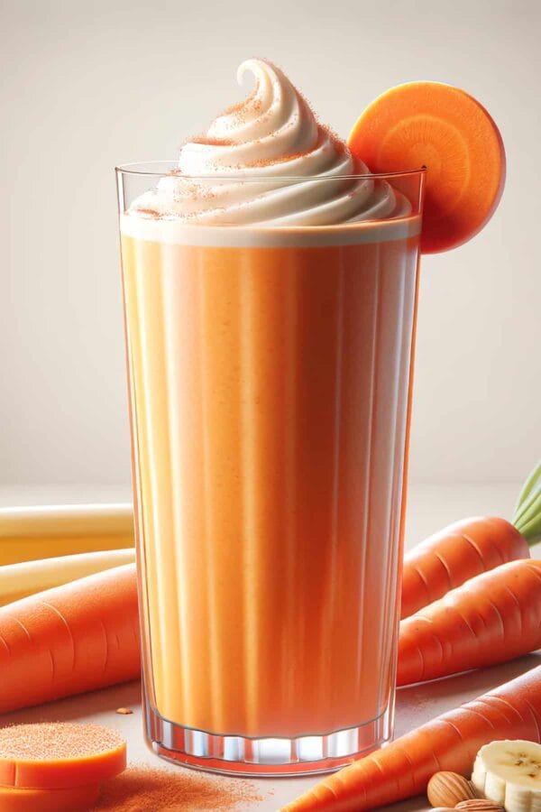 BlendJet Carrot smoothie in a glass, on my kitchen counter, surrounded by fresh fruit.