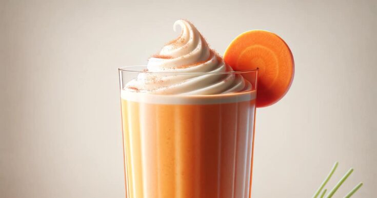 BlendJet Carrot smoothie in a glass, on my kitchen counter, surrounded by fresh fruit.