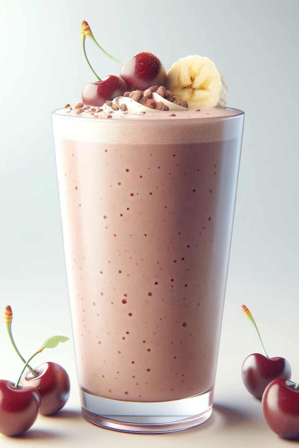 BlendJet Cherry Chocolate Protein Shake in a glass, on my kitchen counter, surrounded by fresh fruit.