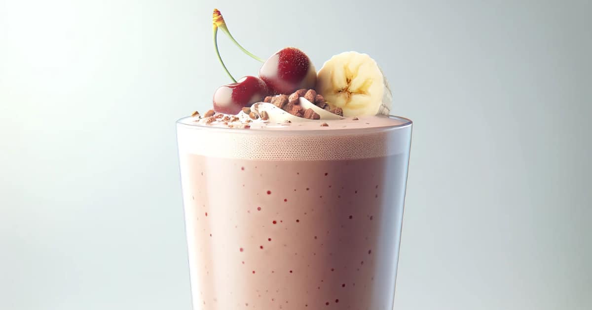 BlendJet Cherry Chocolate Protein Shake in a glass, on my kitchen counter, surrounded by fresh fruit.