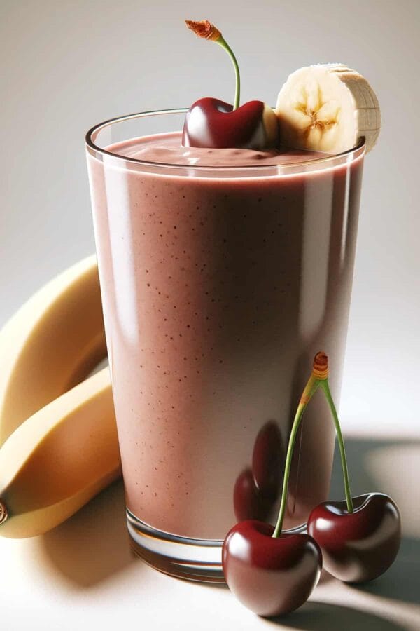 BlendJet Chocolate Cherry smoothie in a glass, on my kitchen counter, surrounded by fresh fruit.