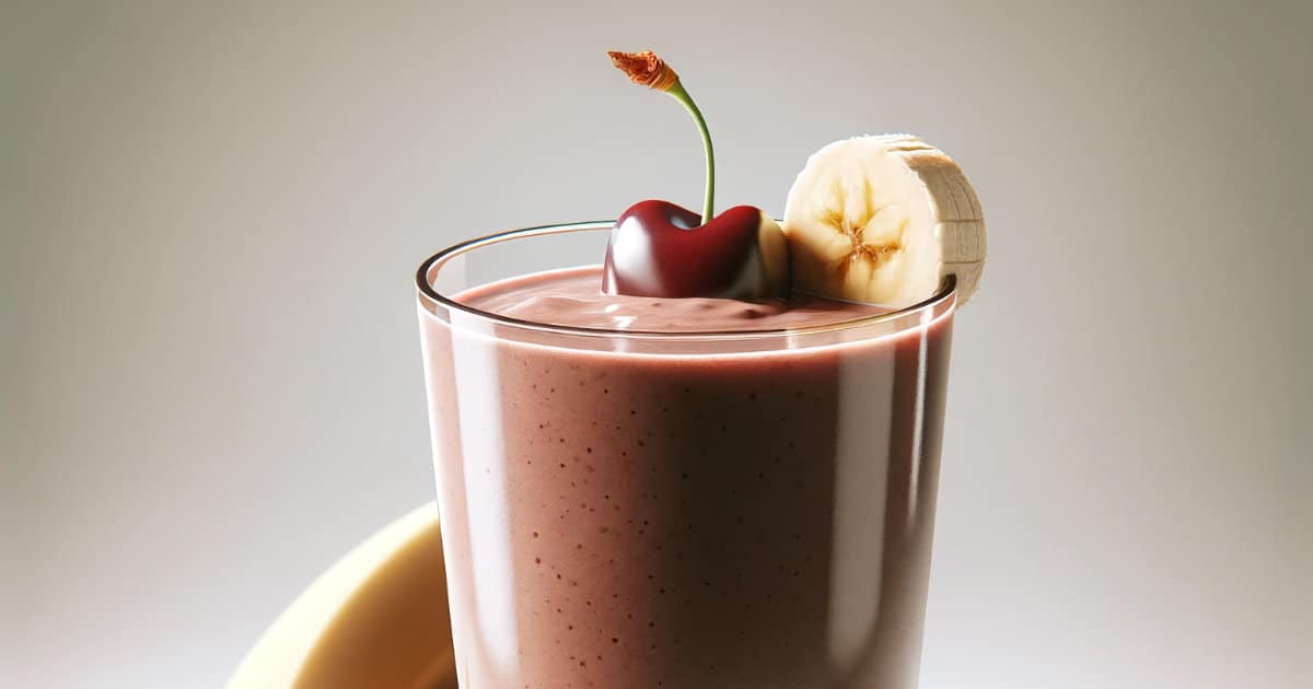BlendJet Chocolate Cherry smoothie in a glass, on my kitchen counter, surrounded by fresh fruit.