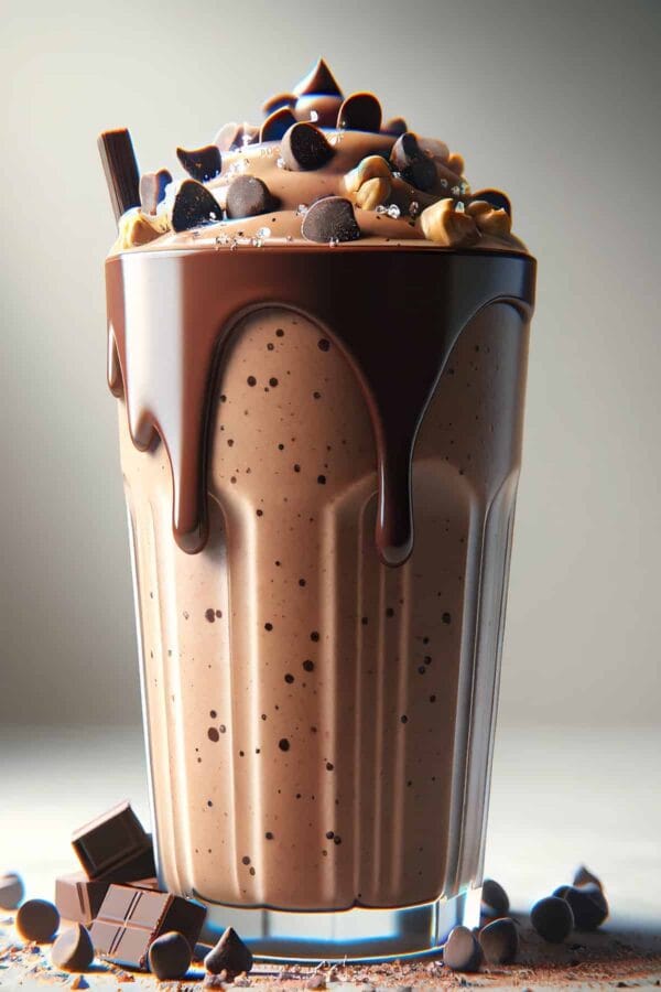 BlendJet Chocolate Chip Cookie Dough smoothie in a glass, on my kitchen counter, surrounded by chocolate.