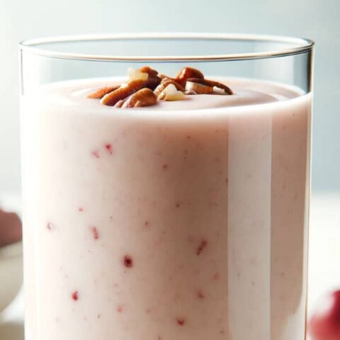 BlendJet Cran Apple Pecan smoothie in a glass, on my kitchen counter, surrounded by fresh fruit and nuts.