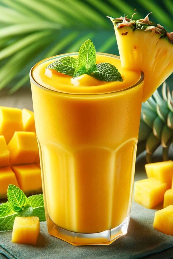 BlendJet Easy Tropical smoothie in a glass, on my kitchen counter, surrounded by fresh fruit.