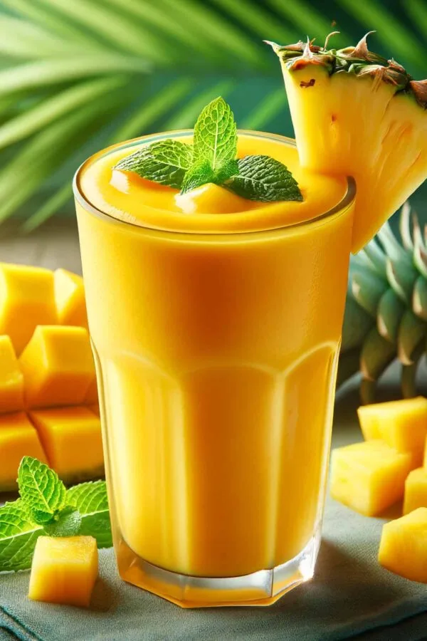 BlendJet Easy Tropical smoothie in a glass, on my kitchen counter, surrounded by fresh fruit.