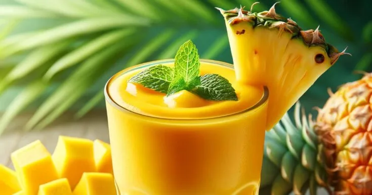 BlendJet Easy Tropical Smoothie 6 BlendJet Easy Tropical smoothie in a glass, on my kitchen counter, surrounded by fresh fruit.