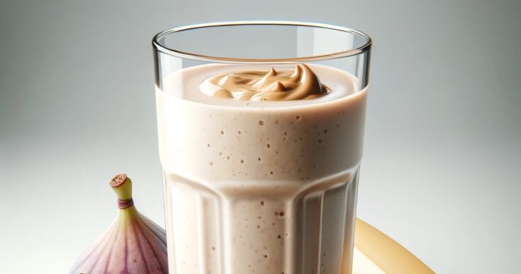 BlendJet Fig And Almond Butter Protein Shake in a glass, on my kitchen counter, surrounded by fresh fruit.