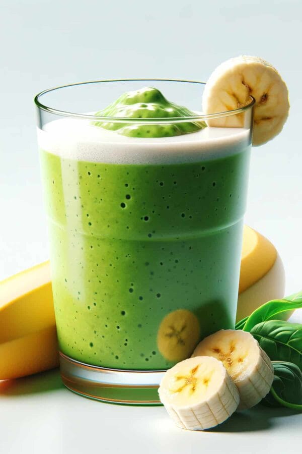 BlendJet Frankenstein smoothie in a glass, on my kitchen counter, surrounded by fresh fruit and vegetables.