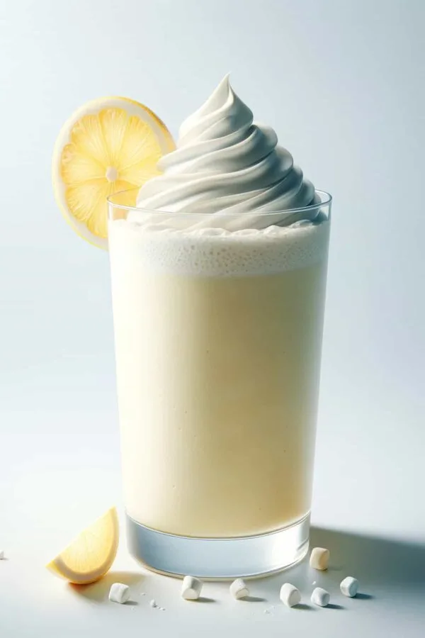 BlendJet Lemon Meringue smoothie in a glass, on my kitchen counter, surrounded by fresh fruit.