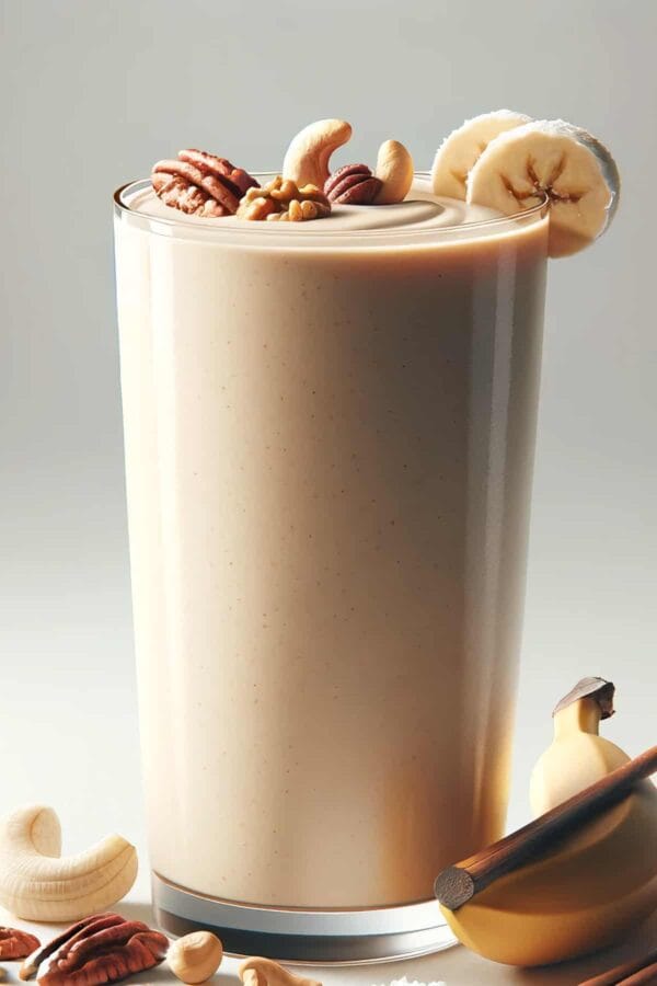BlendJet Pecan Pie smoothie in a glass, on my kitchen counter, surrounded by fresh fruit and nuts.