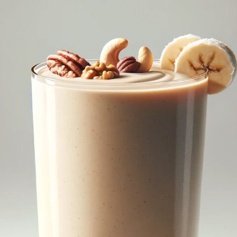 BlendJet Pecan Pie smoothie in a glass, on my kitchen counter, surrounded by fresh fruit and nuts.
