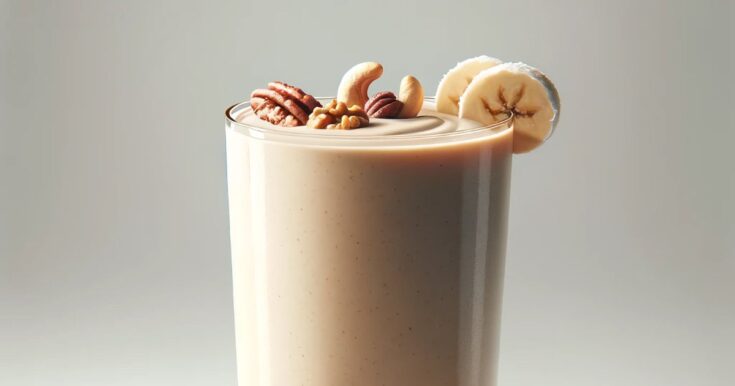 BlendJet Pecan Pie smoothie in a glass, on my kitchen counter, surrounded by fresh fruit and nuts.