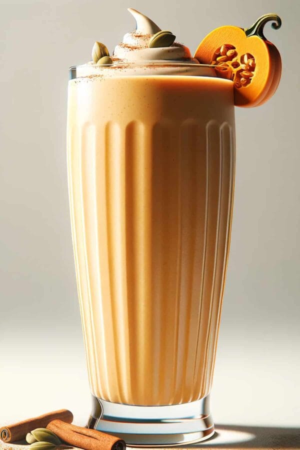 BlendJet Pumpkin Pie Protein Shake in a glass, on my kitchen counter, surrounded by cinnamon sticks.