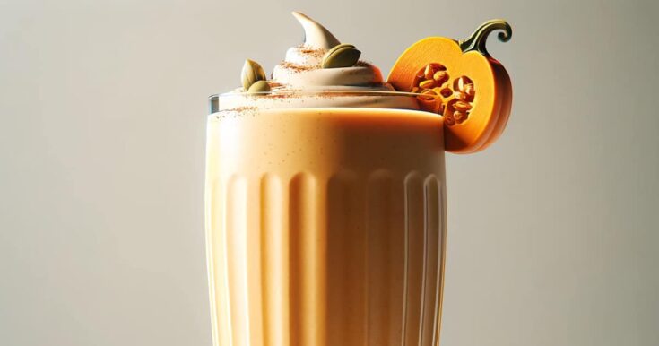 BlendJet Pumpkin Pie Protein Shake in a glass, on my kitchen counter, surrounded by cinnamon sticks.