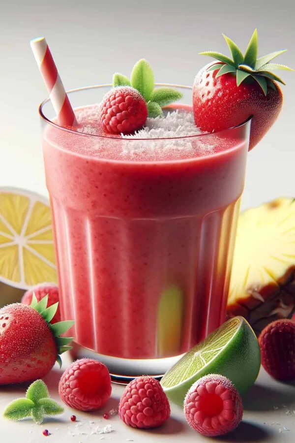 BlendJet Santa Colada smoothie in a glass, on my kitchen counter, surrounded by fresh fruit.