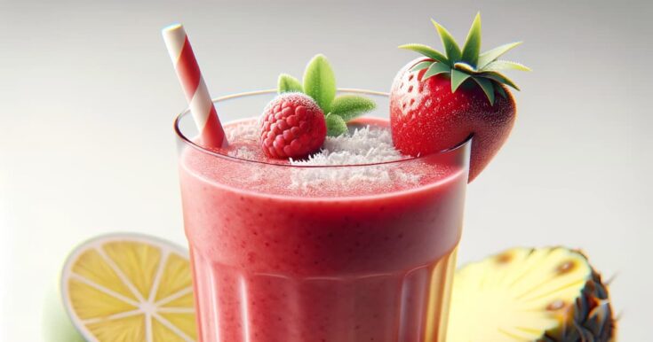 BlendJet Santa Colada smoothie in a glass, on my kitchen counter, surrounded by fresh fruit.